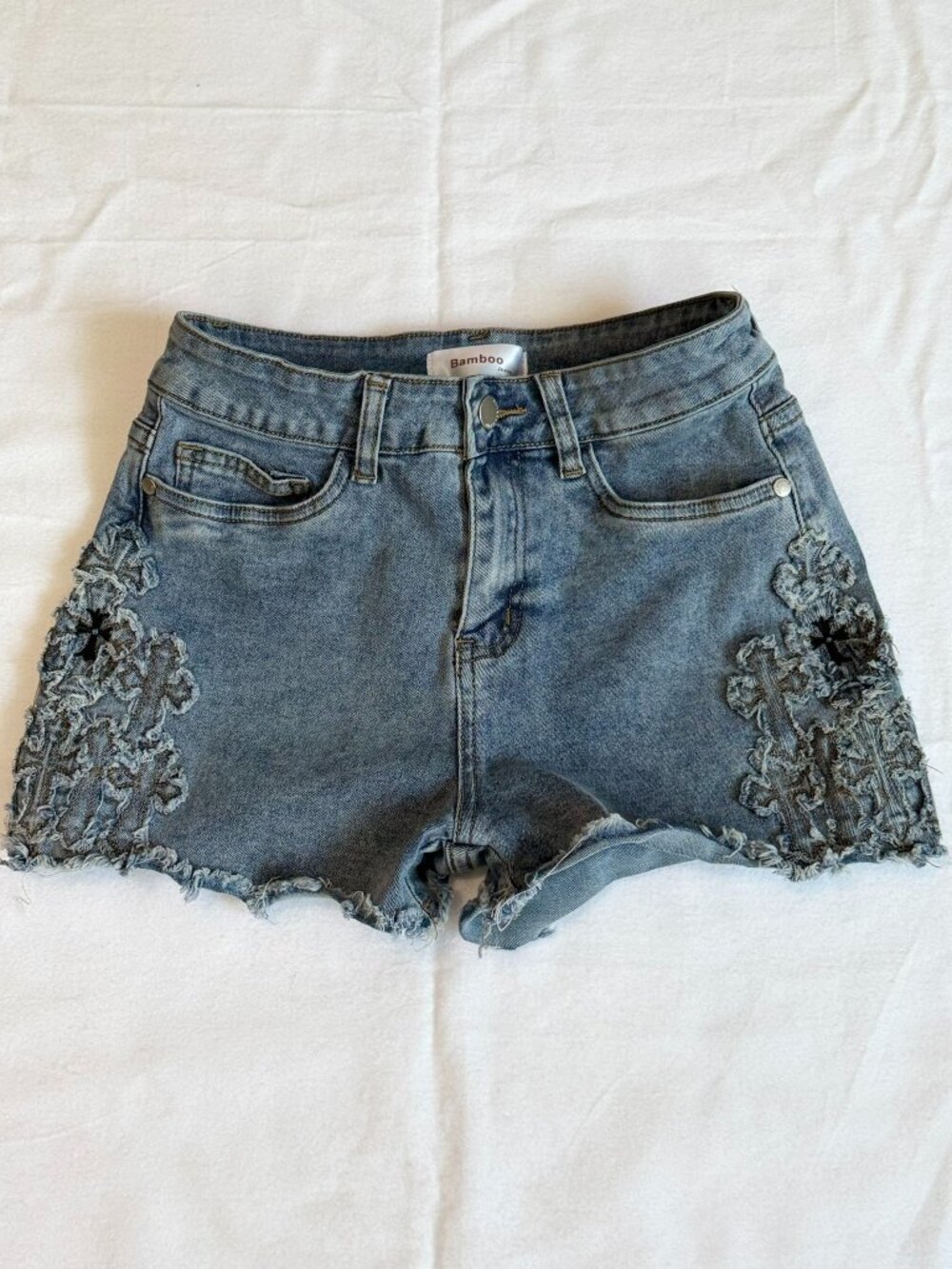 Bamboo Jeans Distressed Cross Denim Shorts Size 5 Y2K Grunge Stretch Raw Hem